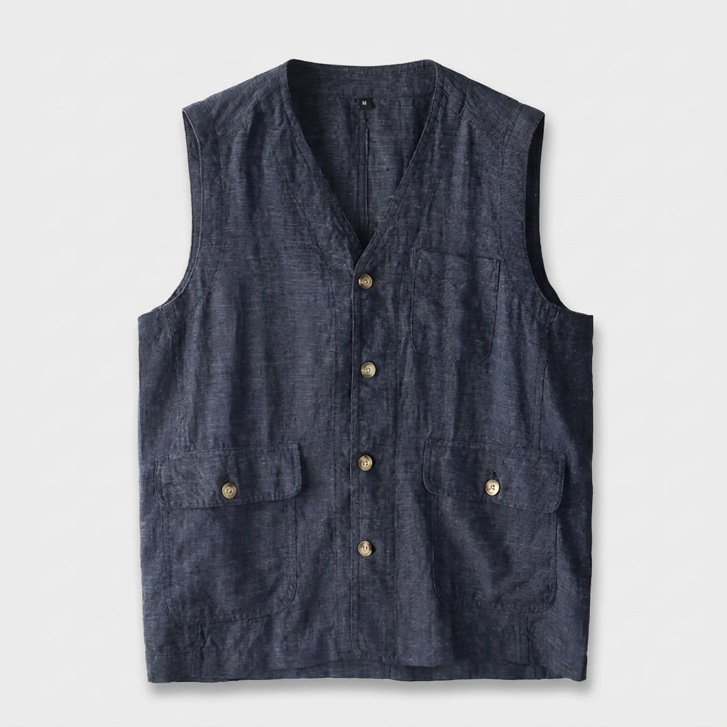 Linen Button Vest Flap Pockets for Men