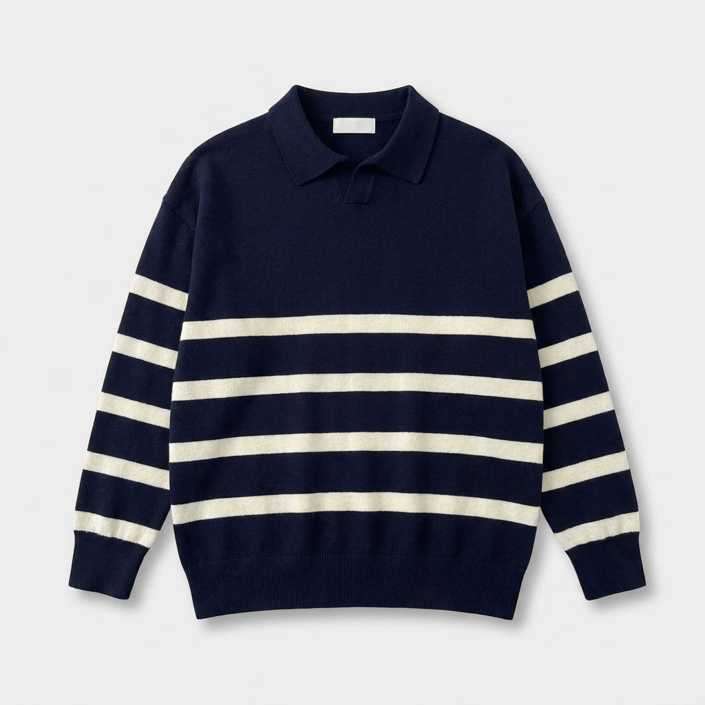 Striped Knit Polo Shirt Slim Fit Ribbed for Men