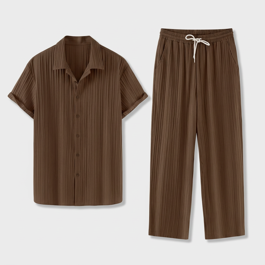 Pleated Matching Set Camp Collar Shirt Trousers for Men