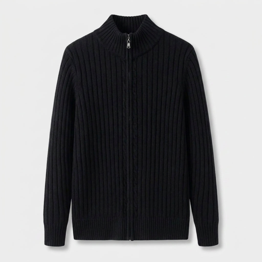 Ribbed Wool Zip-Up Cardigan High Collar for Men