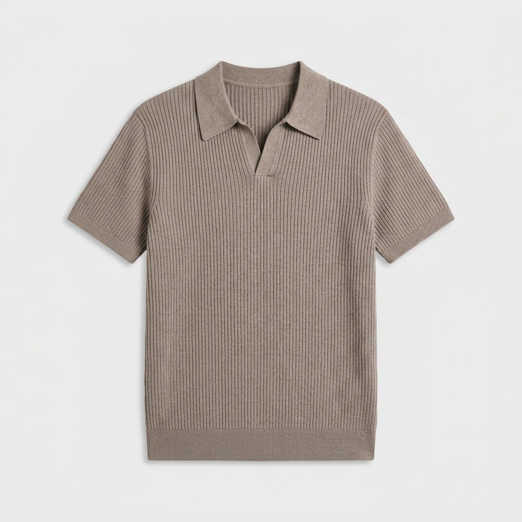 Ribbed Knit Polo Open Collar Short Sleeve for Men