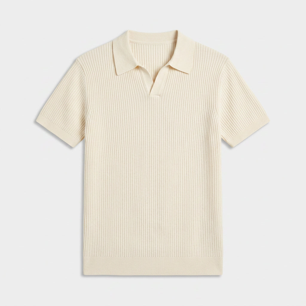 Ribbed Knit Polo Open Collar Short Sleeve for Men