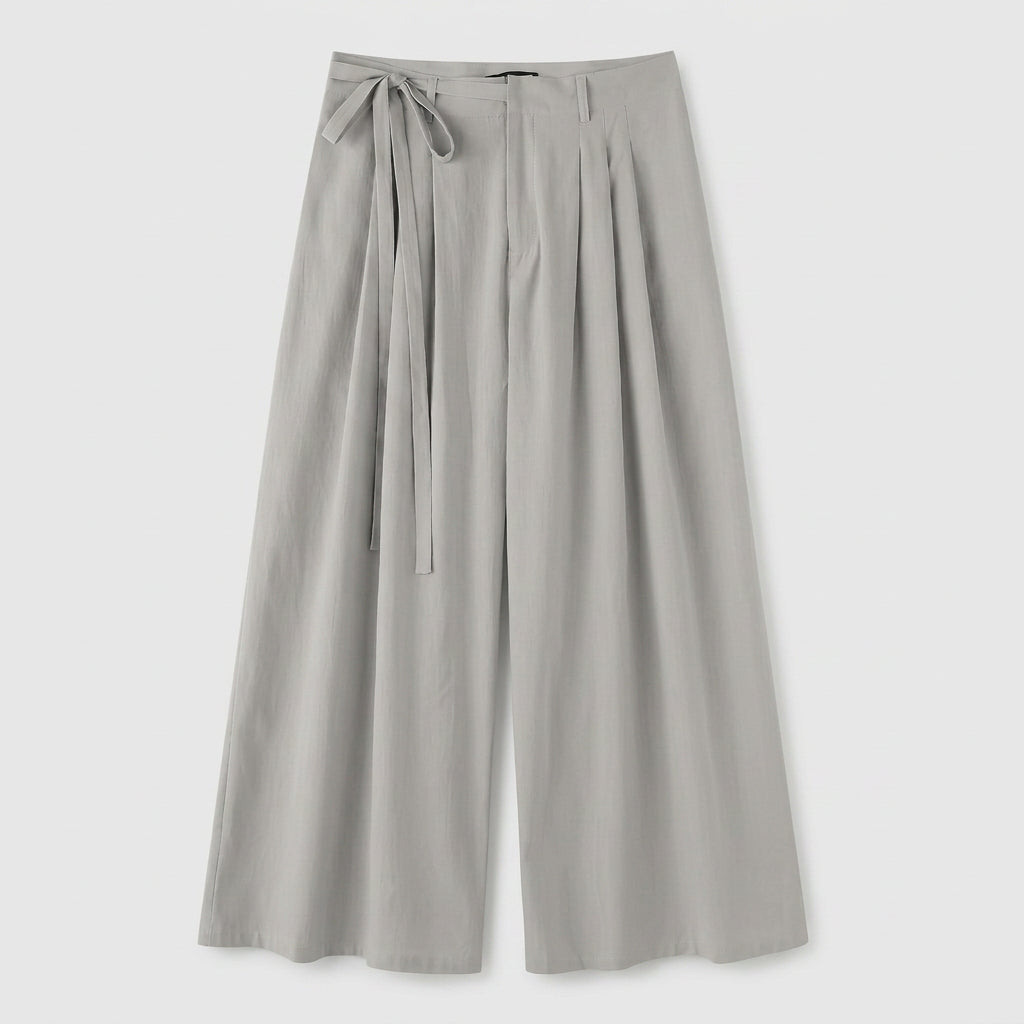 Wide Leg Pleated Trousers with Tie Waist for Men