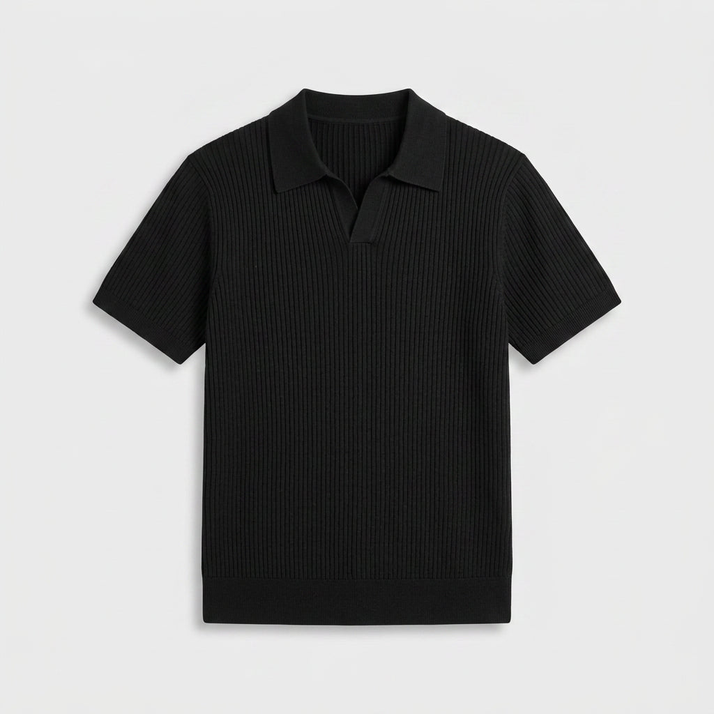 Ribbed Knit Polo Open Collar Short Sleeve for Men