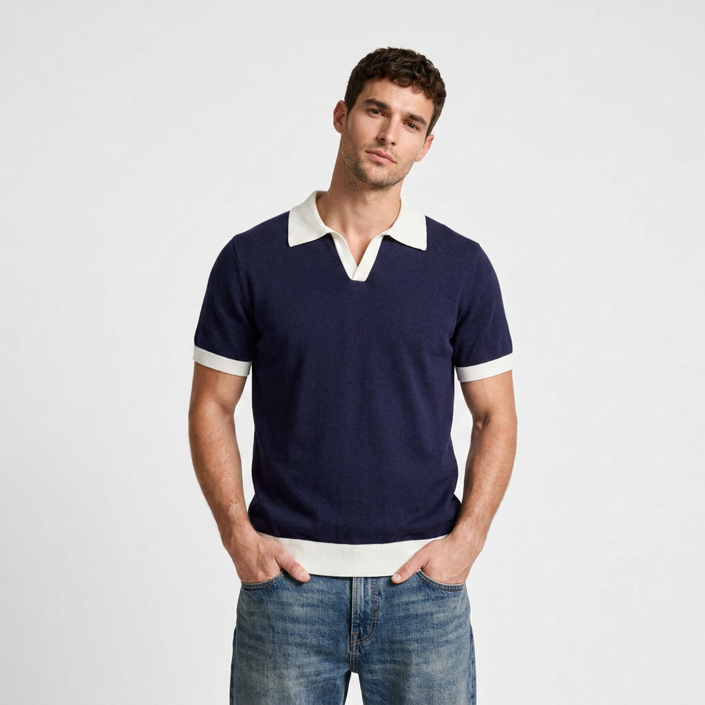 Contrast Trim Knit Polo Open Collar Short Sleeve for Men