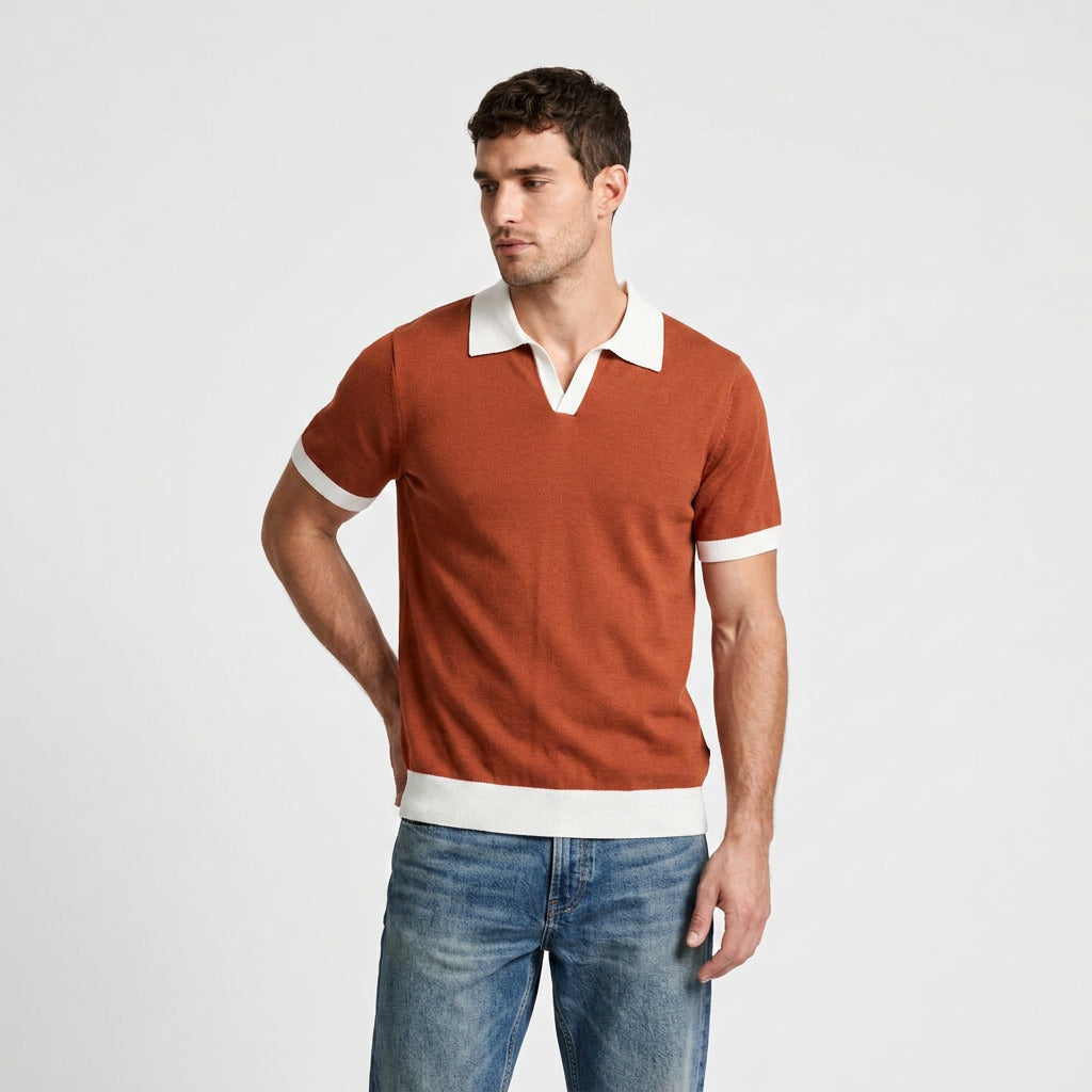 Contrast Trim Knit Polo Open Collar Short Sleeve for Men