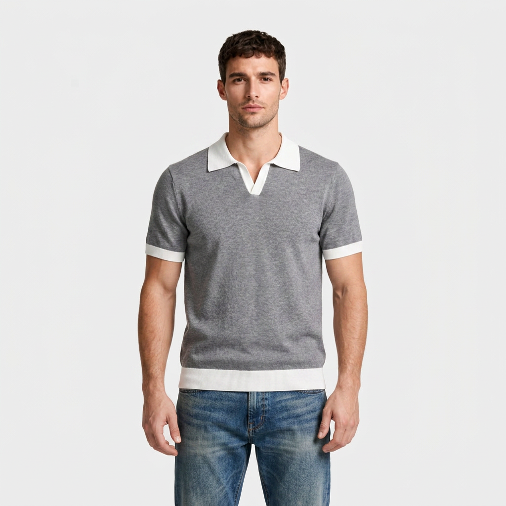 Contrast Trim Knit Polo Open Collar Short Sleeve for Men
