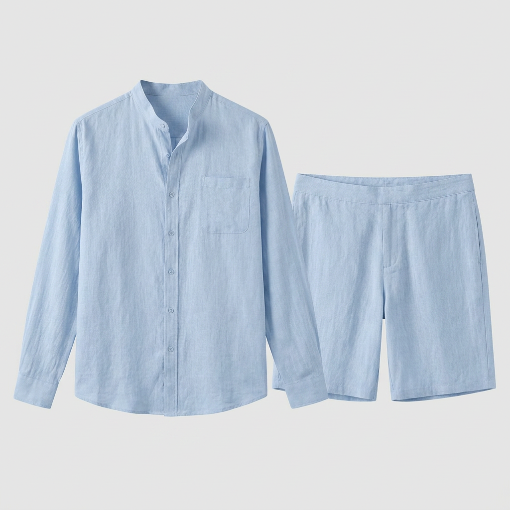 Linen Mandarin Collar Shirt And Shorts Set for Men