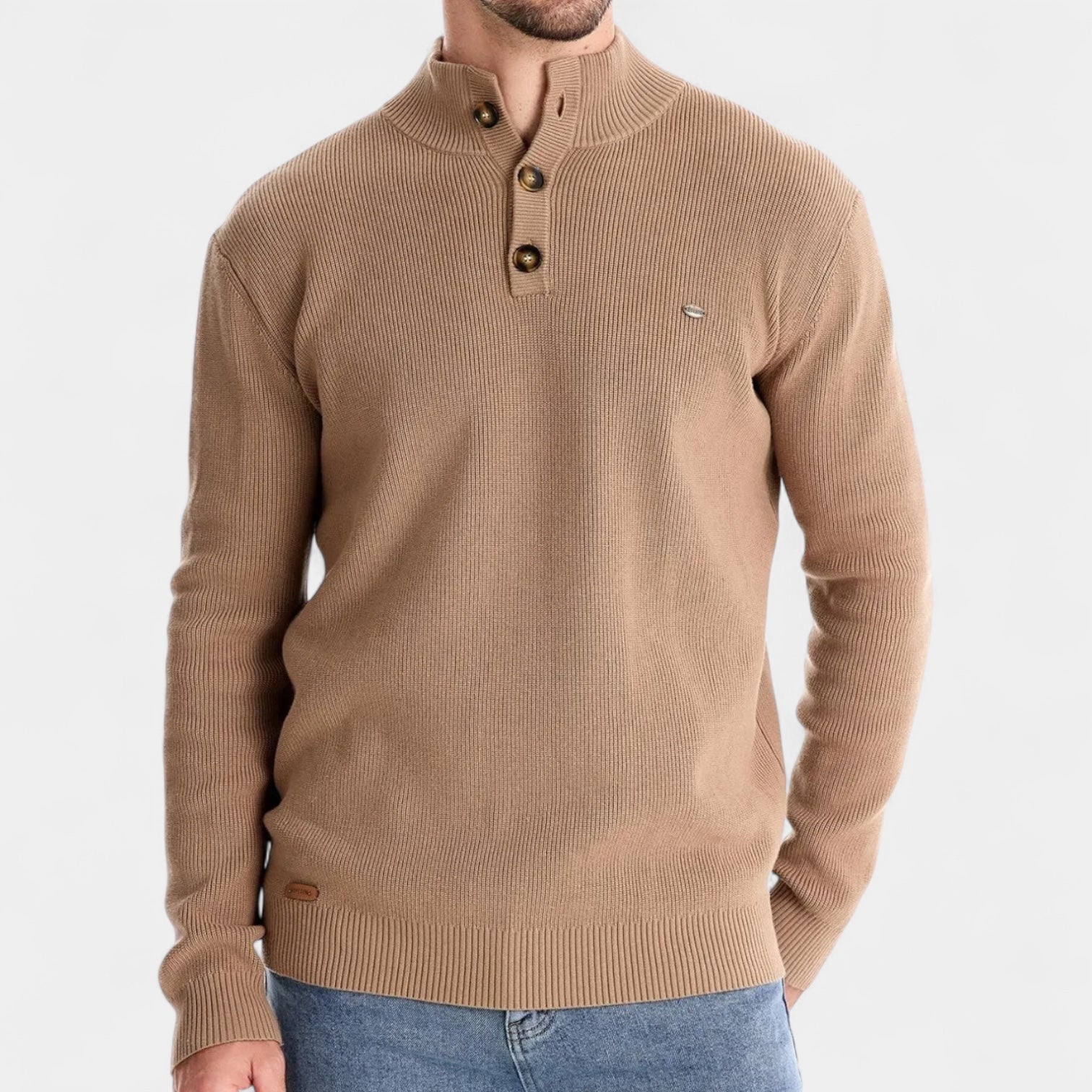 Button Collar Ribbed Knit Sweater Regular Fit for Men