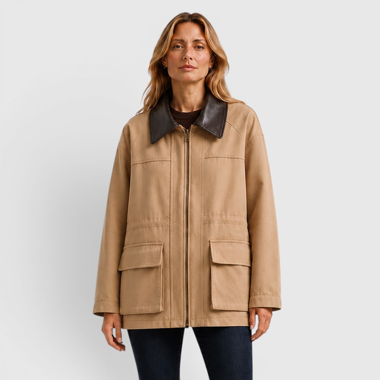 Women's Casual Barn Jacket with Leather Collar