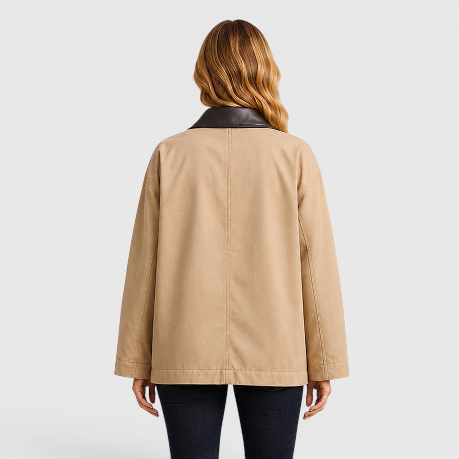Women's Casual Barn Jacket with Leather Collar