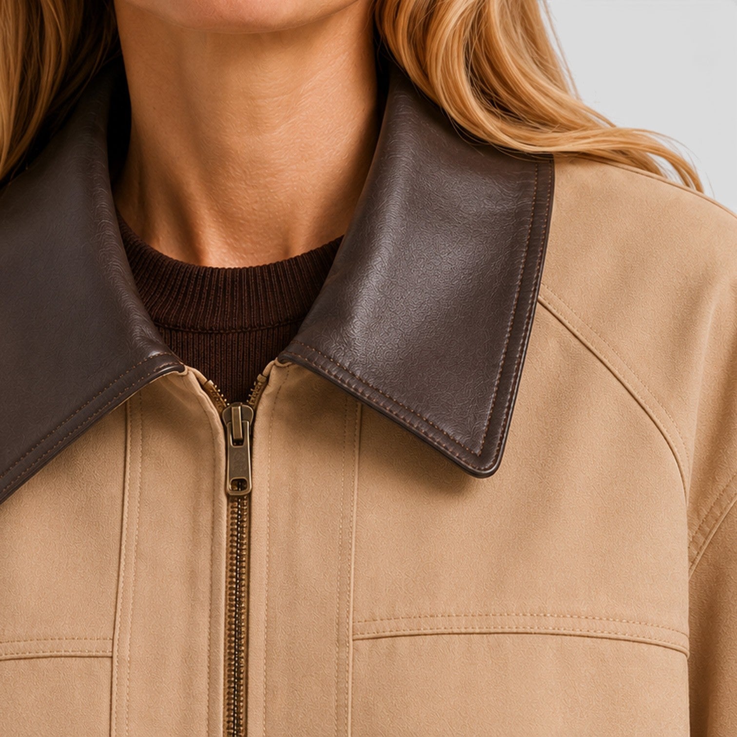 Women's Casual Barn Jacket with Leather Collar