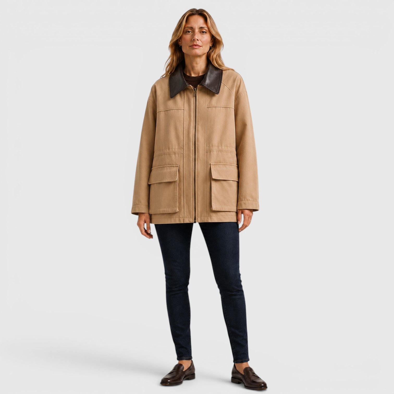 Women's Casual Barn Jacket with Leather Collar