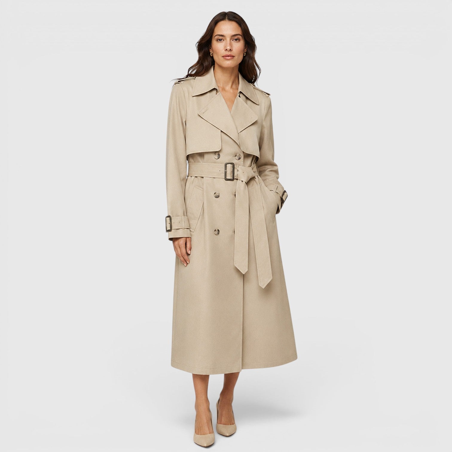 Women's Belted Long Trench Coat for Business Casual Wear