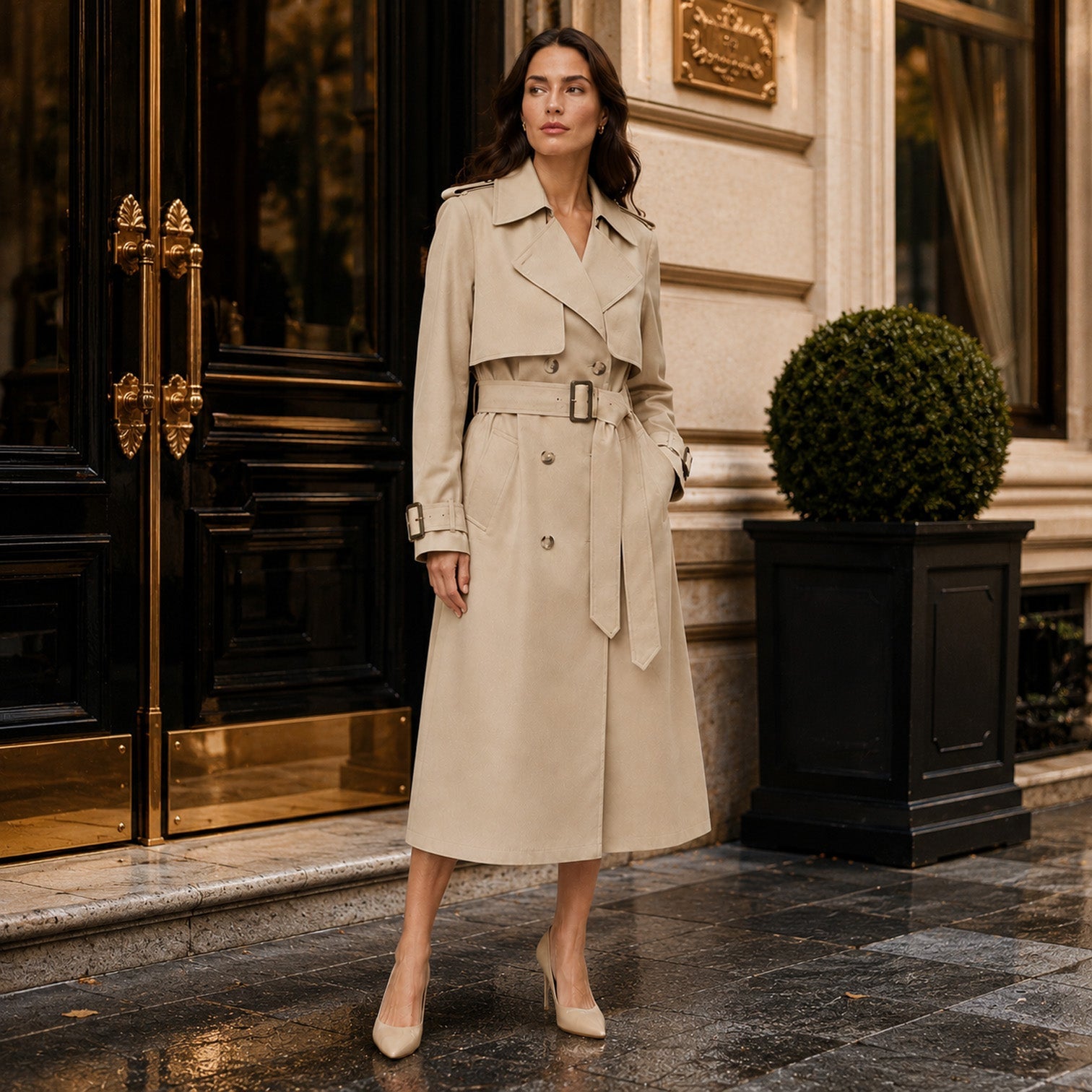 Women's Belted Long Trench Coat for Business Casual Wear