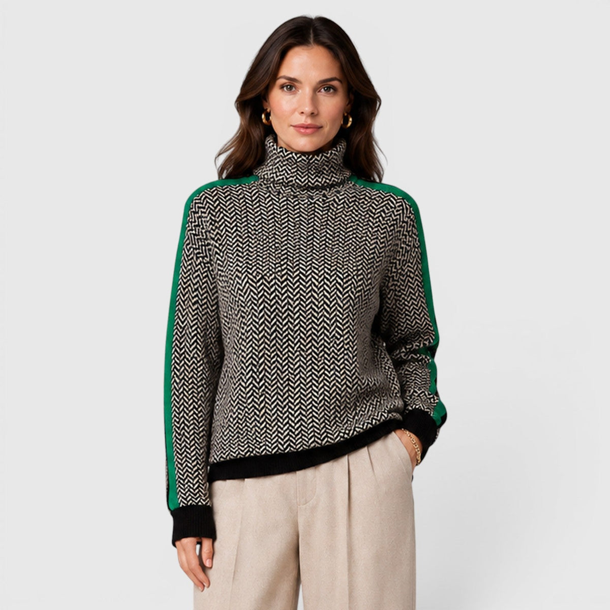 Women's Loose Fit Color Block Turtleneck Jumper