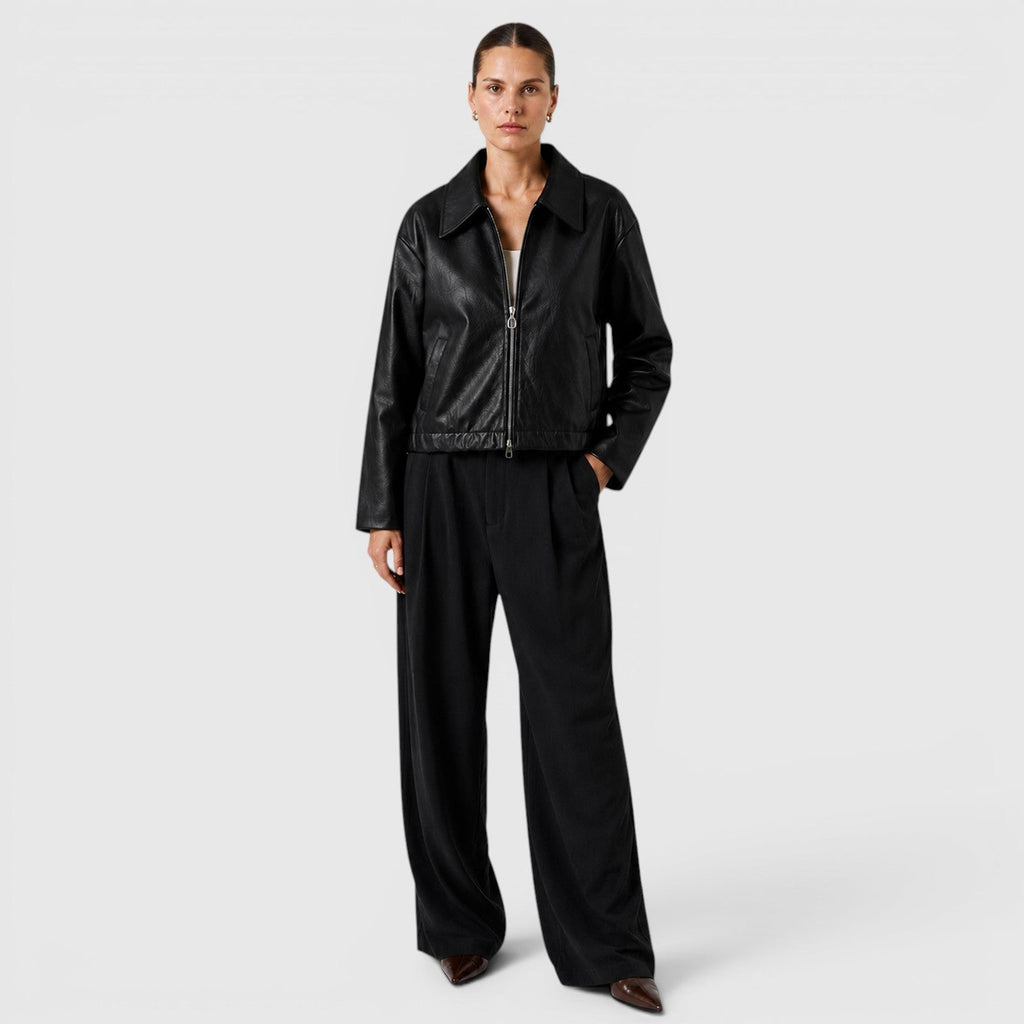 Women's Zip Leather Jacket with Pockets for Smart Casual Style