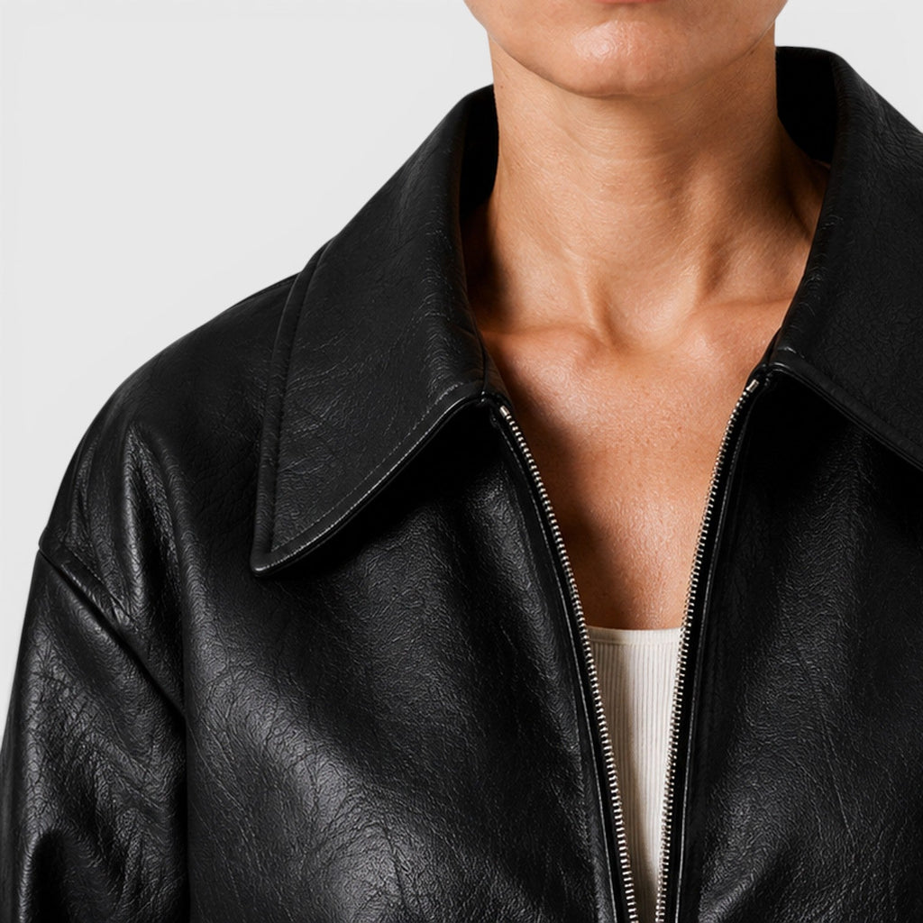 Women's Zip Leather Jacket with Pockets for Smart Casual Style