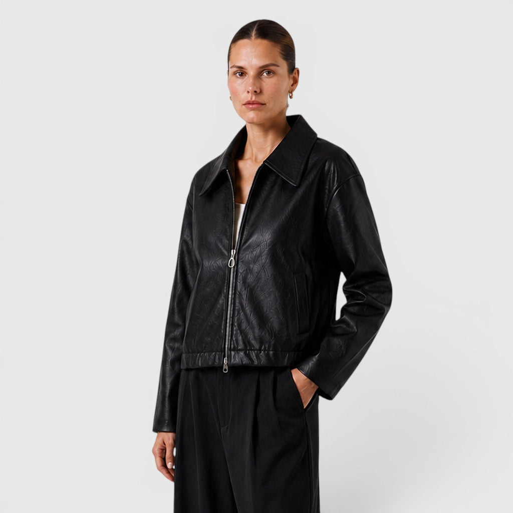 Women's Zip Leather Jacket with Pockets for Smart Casual Style