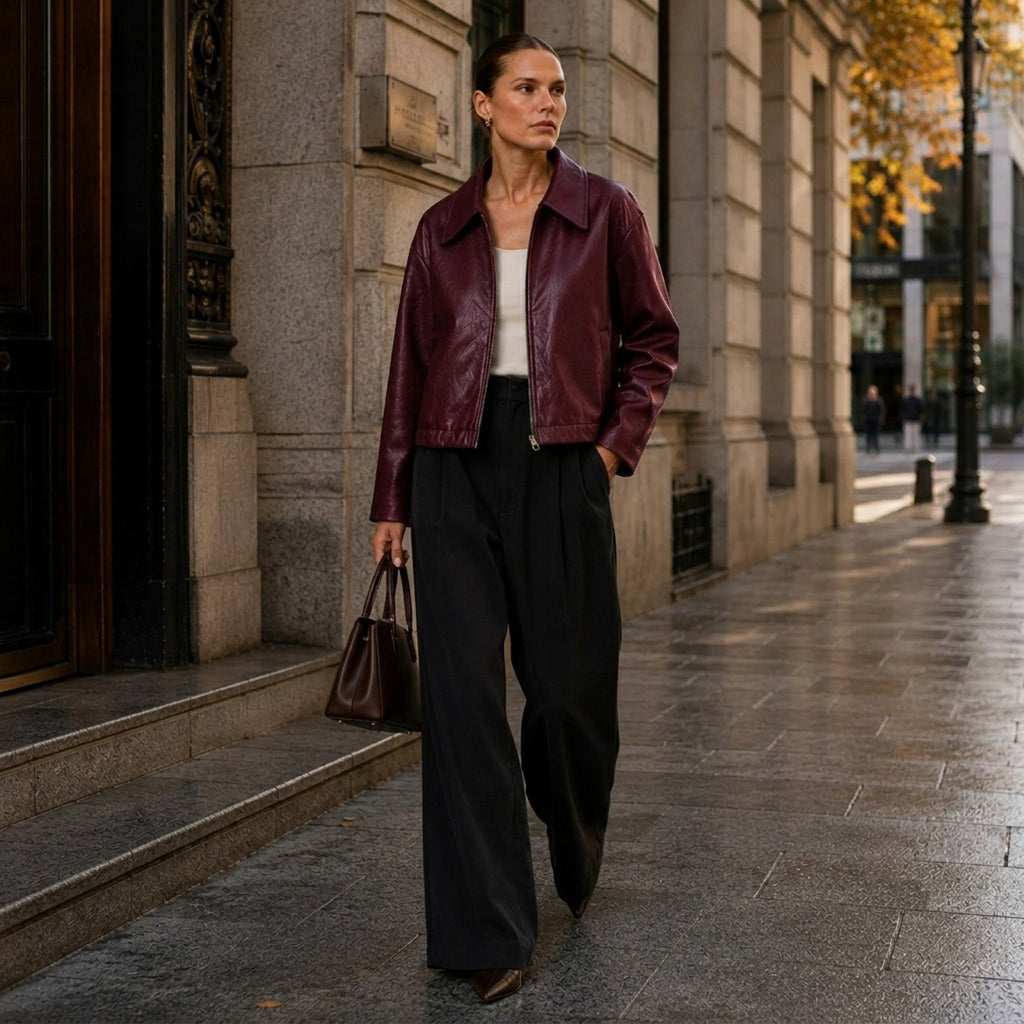 Women's Zip Leather Jacket with Pockets for Smart Casual Style