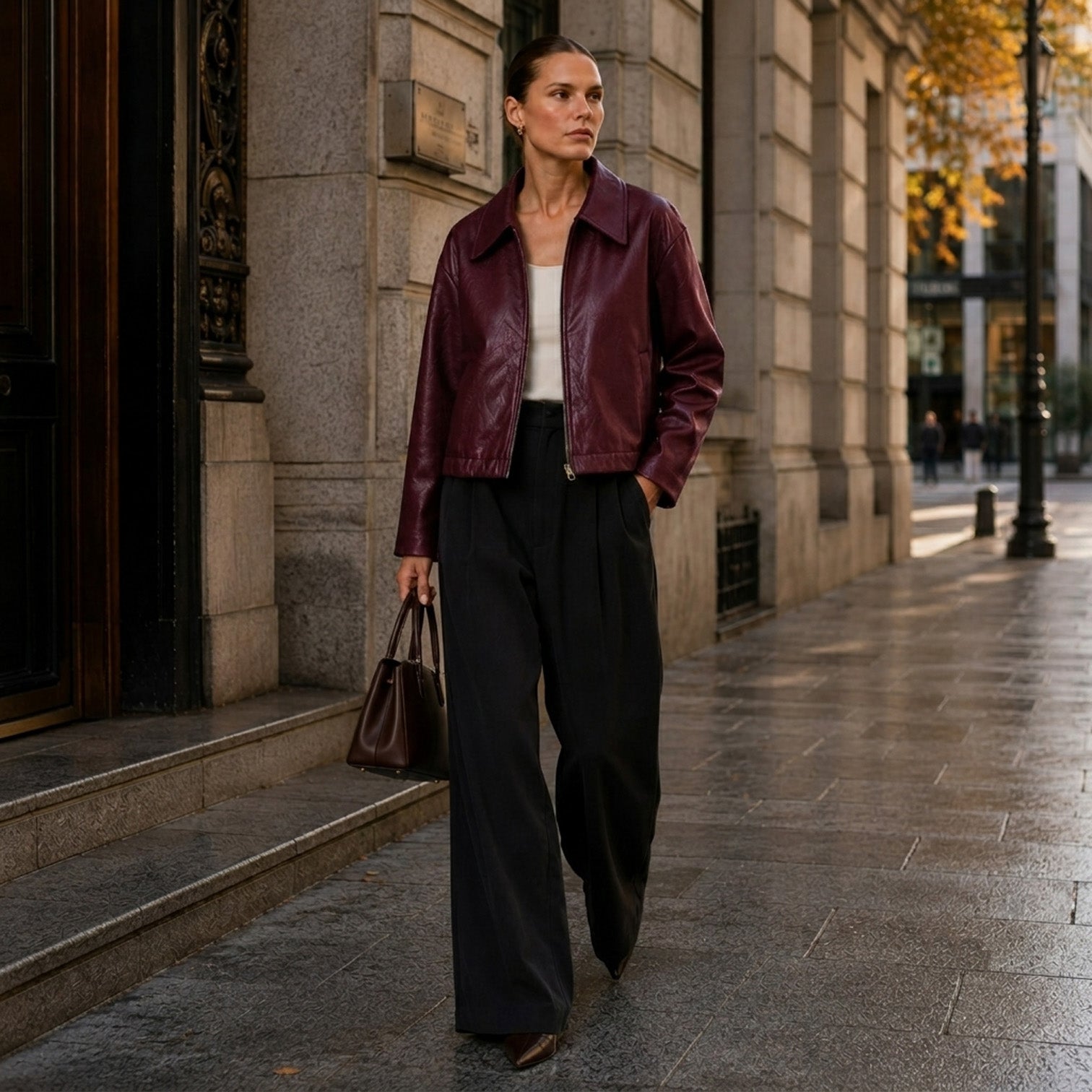 Women's Zip Leather Jacket with Pockets for Smart Casual Style