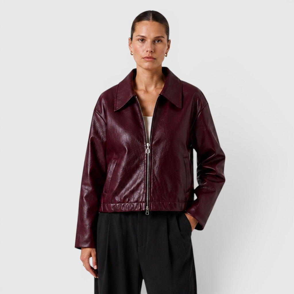 Women's Zip Leather Jacket with Pockets for Smart Casual Style
