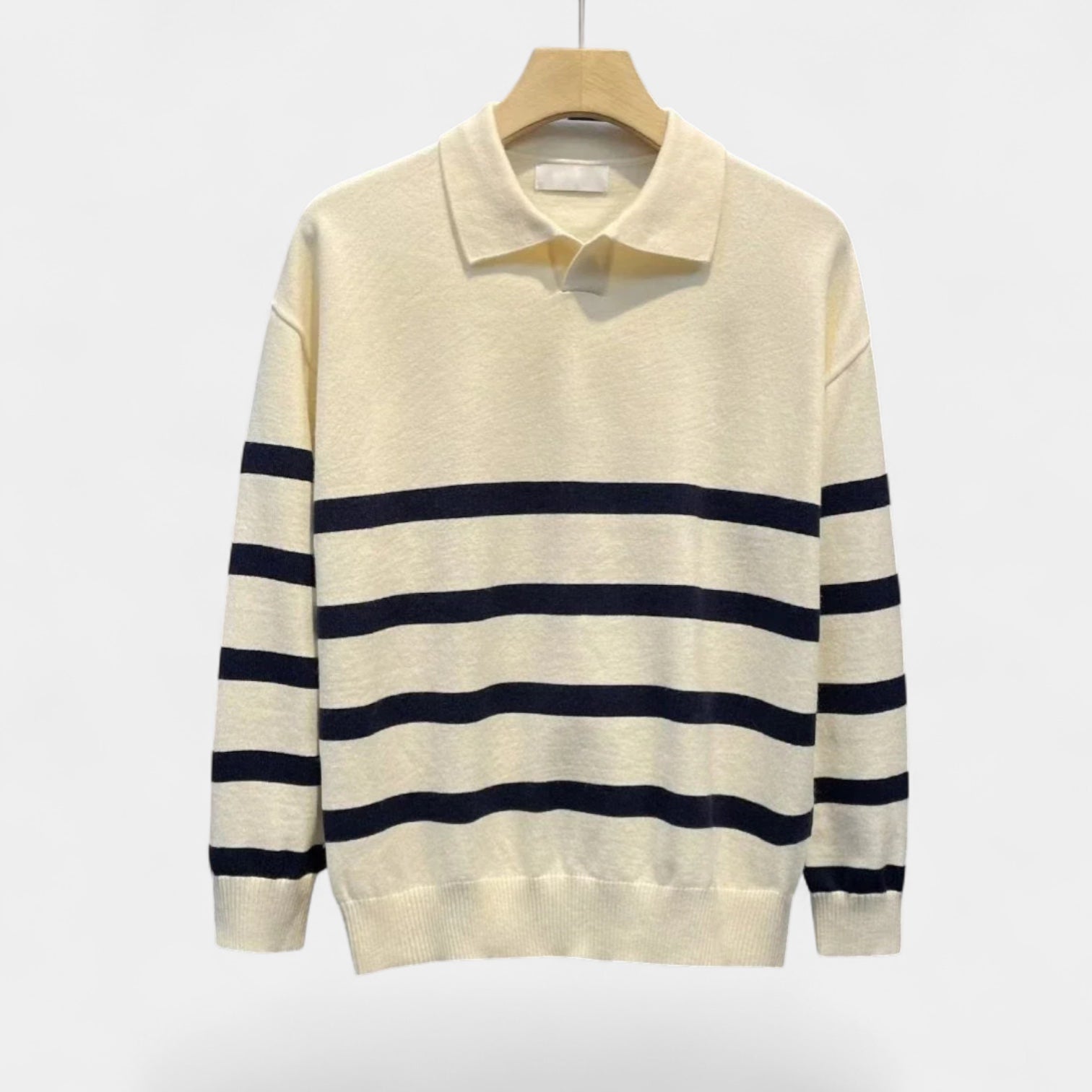 Striped Knit Polo Shirt Slim Fit Ribbed for Men