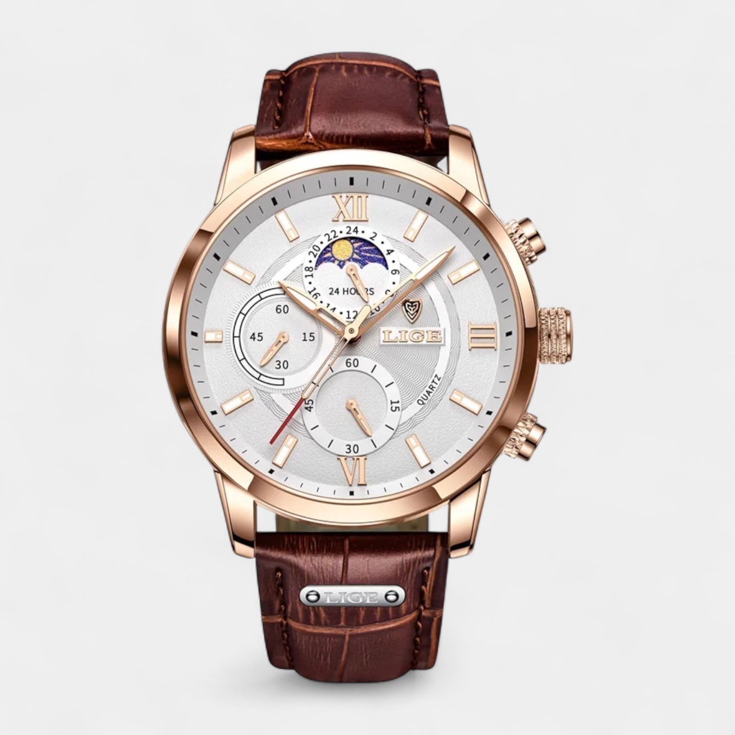 Moonphase Chronograph Watch Stainless Steel Leather Band
