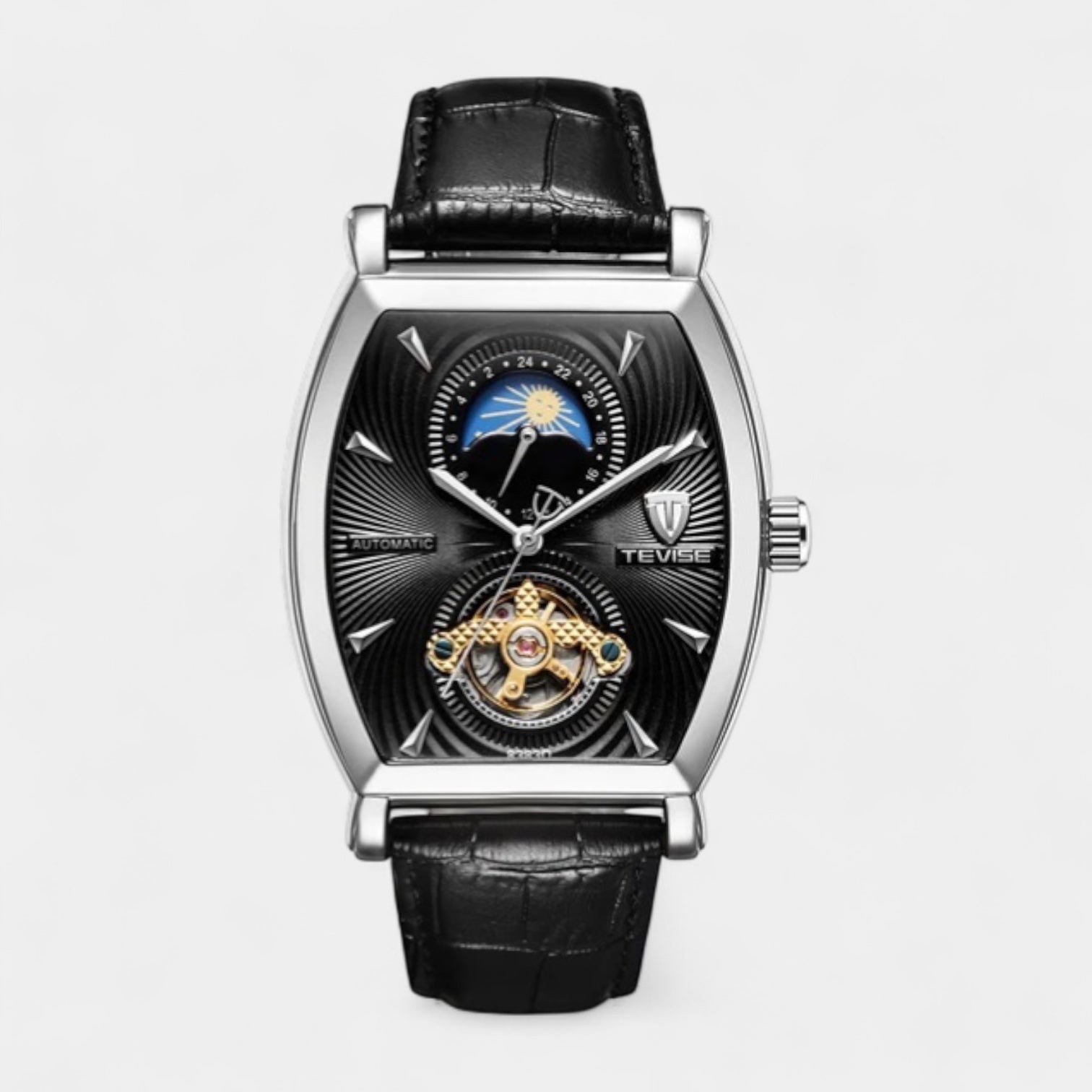 43 mm Tonneau Moonphase Automatic Mechanical Watch - Leather Strap