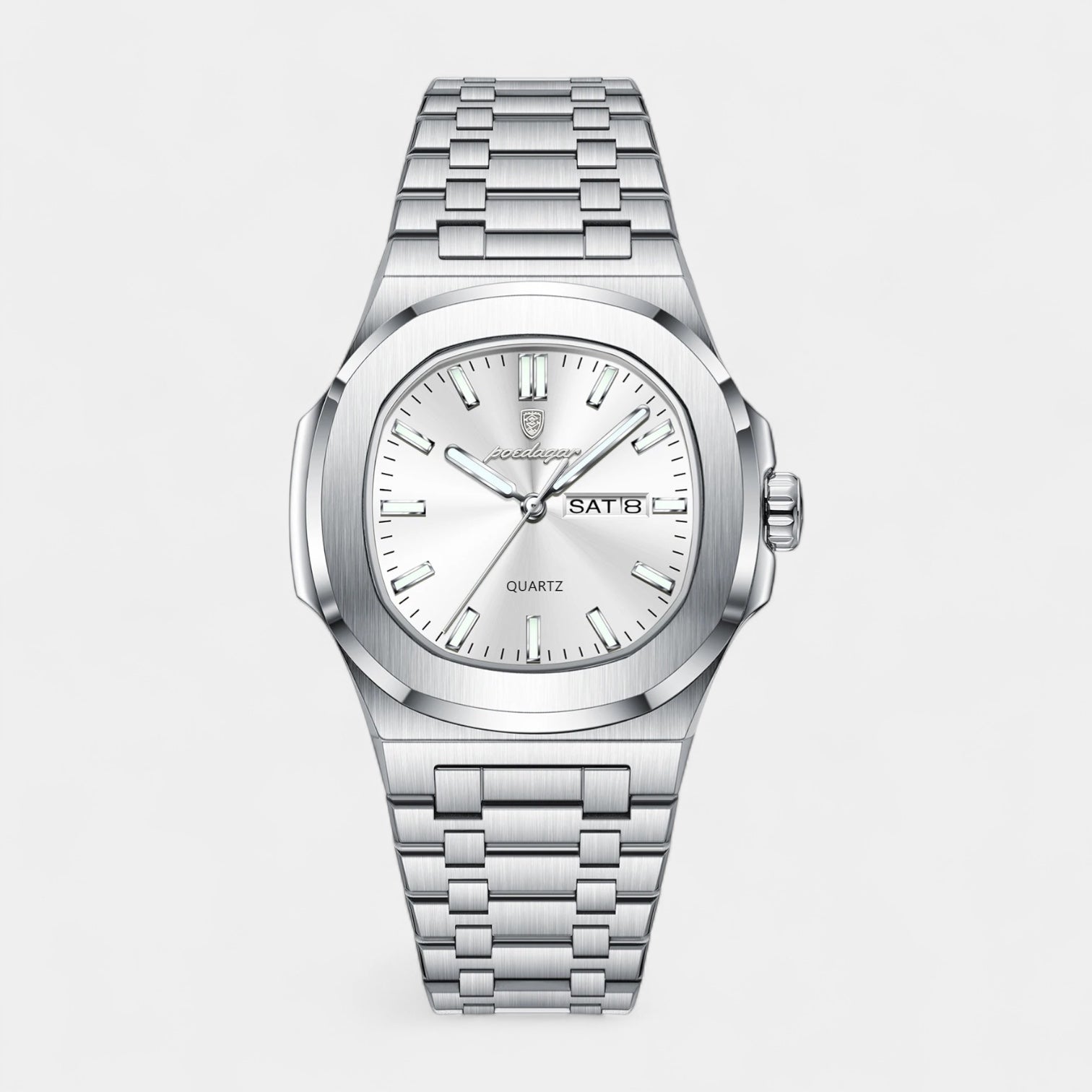 Men’s Stainless Steel Integrated Bracelet Quartz Watch with Day‑Date Display