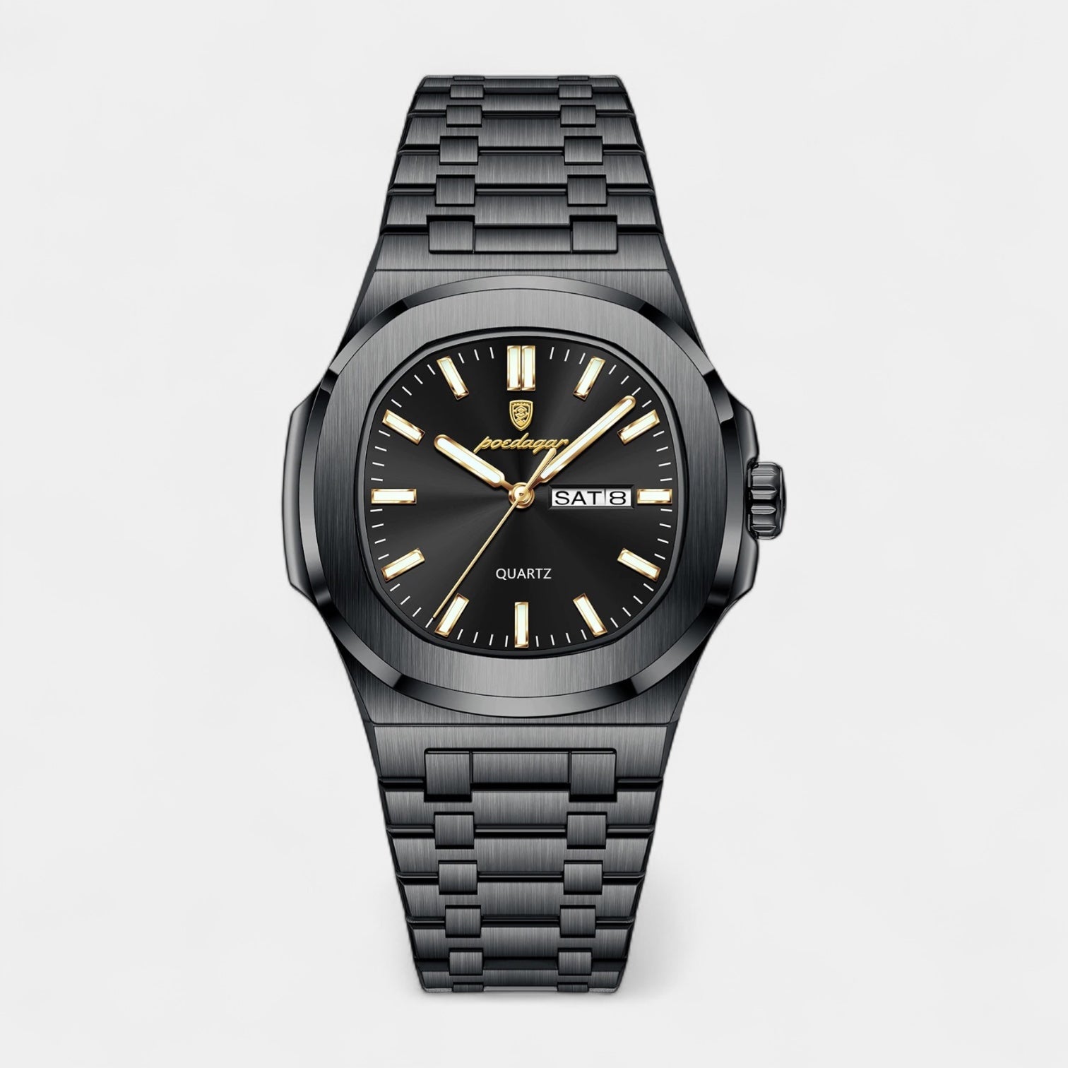 Men’s Stainless Steel Integrated Bracelet Quartz Watch with Day‑Date Display