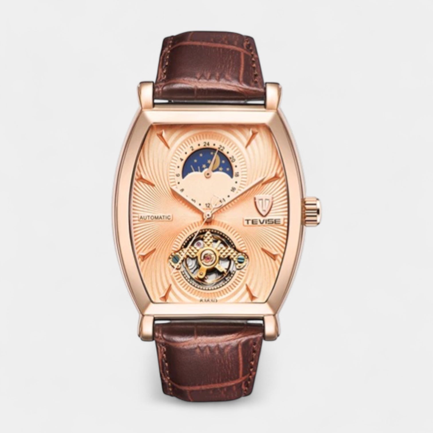 43 mm Tonneau Moonphase Automatic Mechanical Watch - Leather Strap