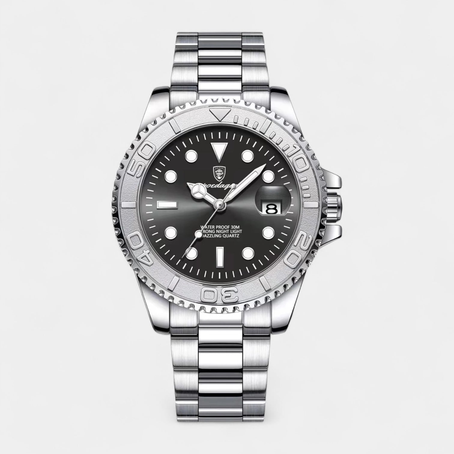 Men’s Stainless Steel Diver Quartz Watch with Unidirectional Rotating Bezel & Date Magnifier