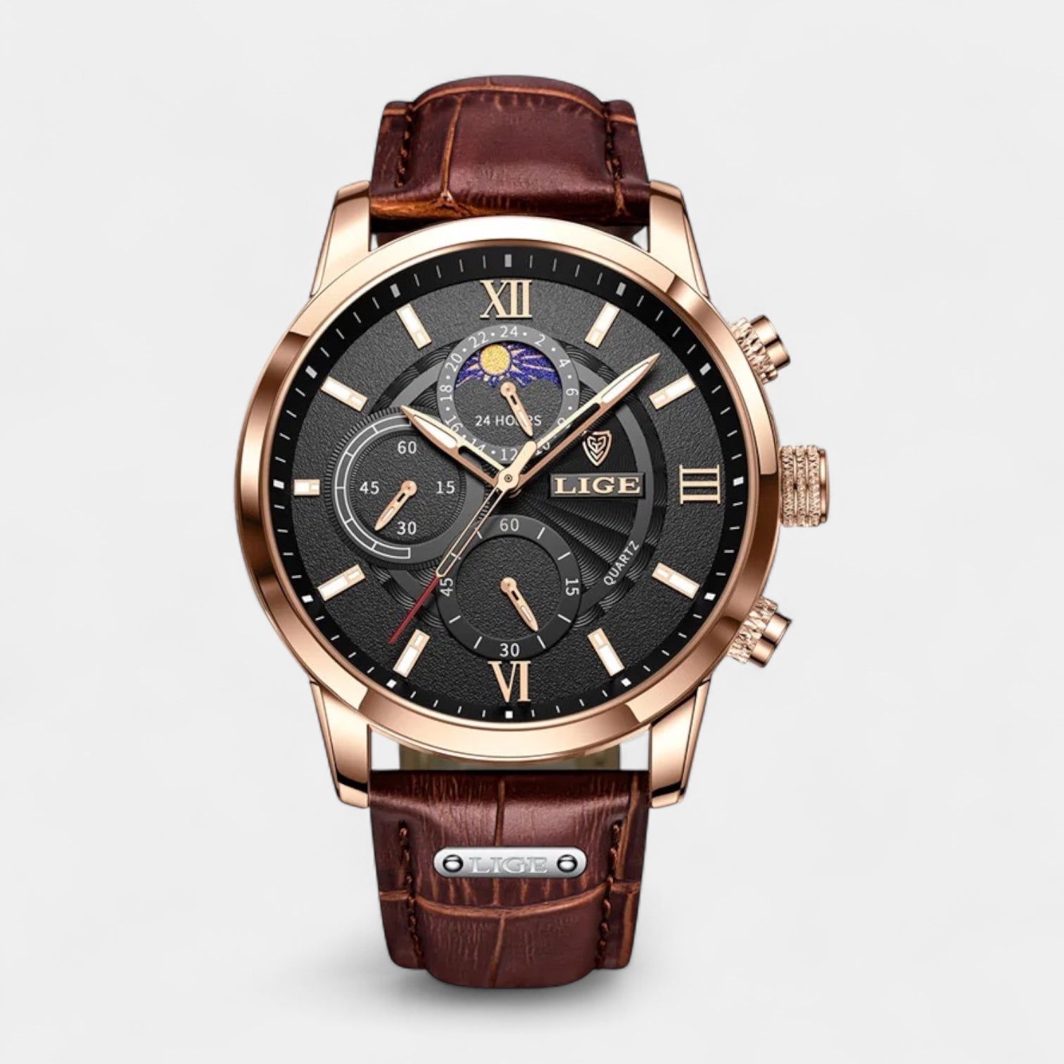 Moonphase Chronograph Watch Stainless Steel Leather Band