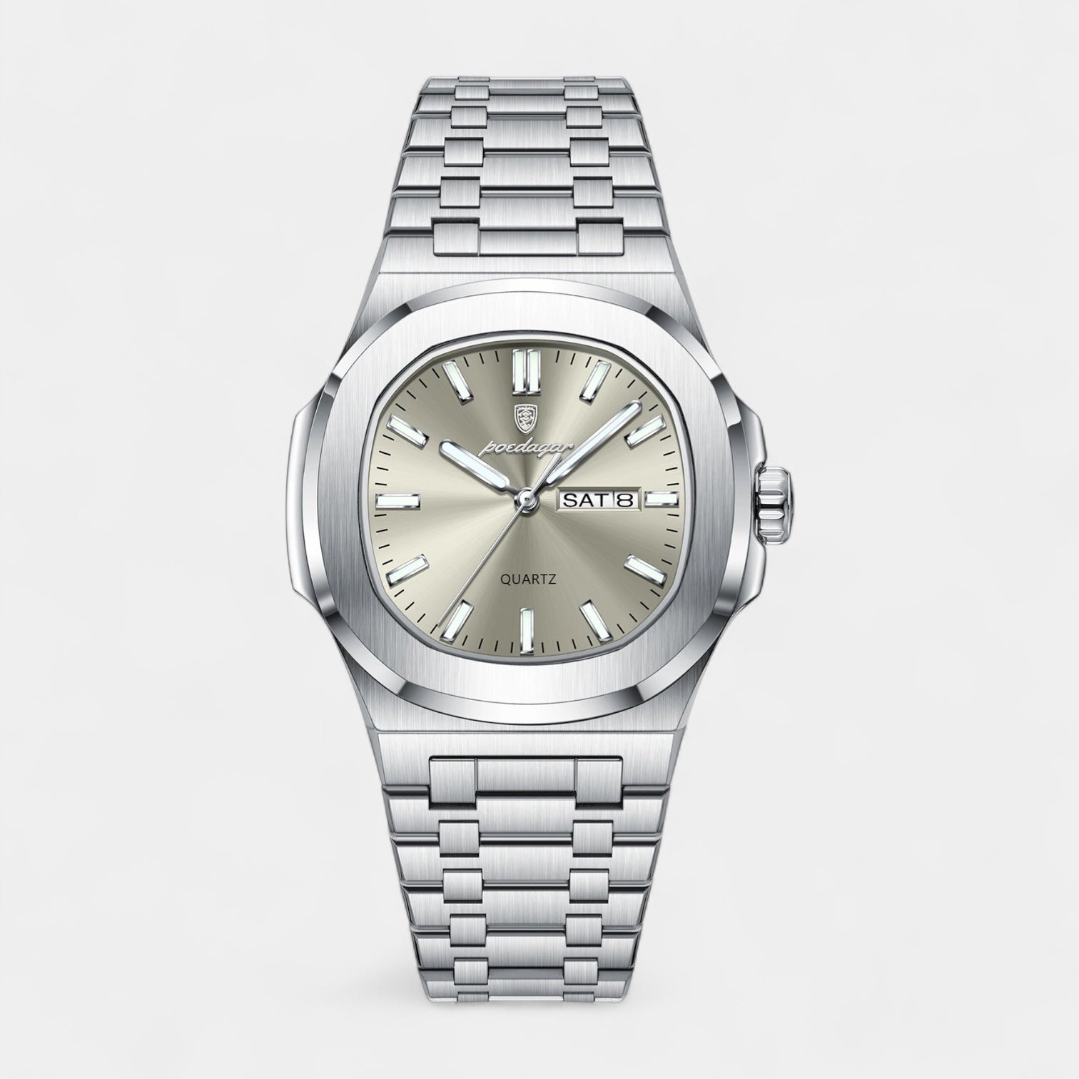 Men’s Stainless Steel Integrated Bracelet Quartz Watch with Day‑Date Display