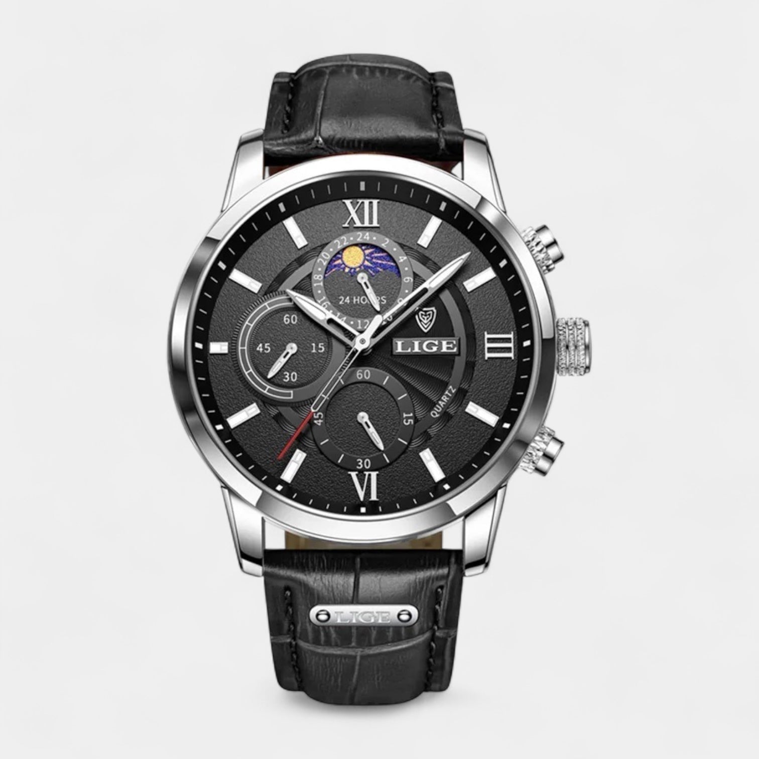 Moonphase Chronograph Watch Stainless Steel Leather Band