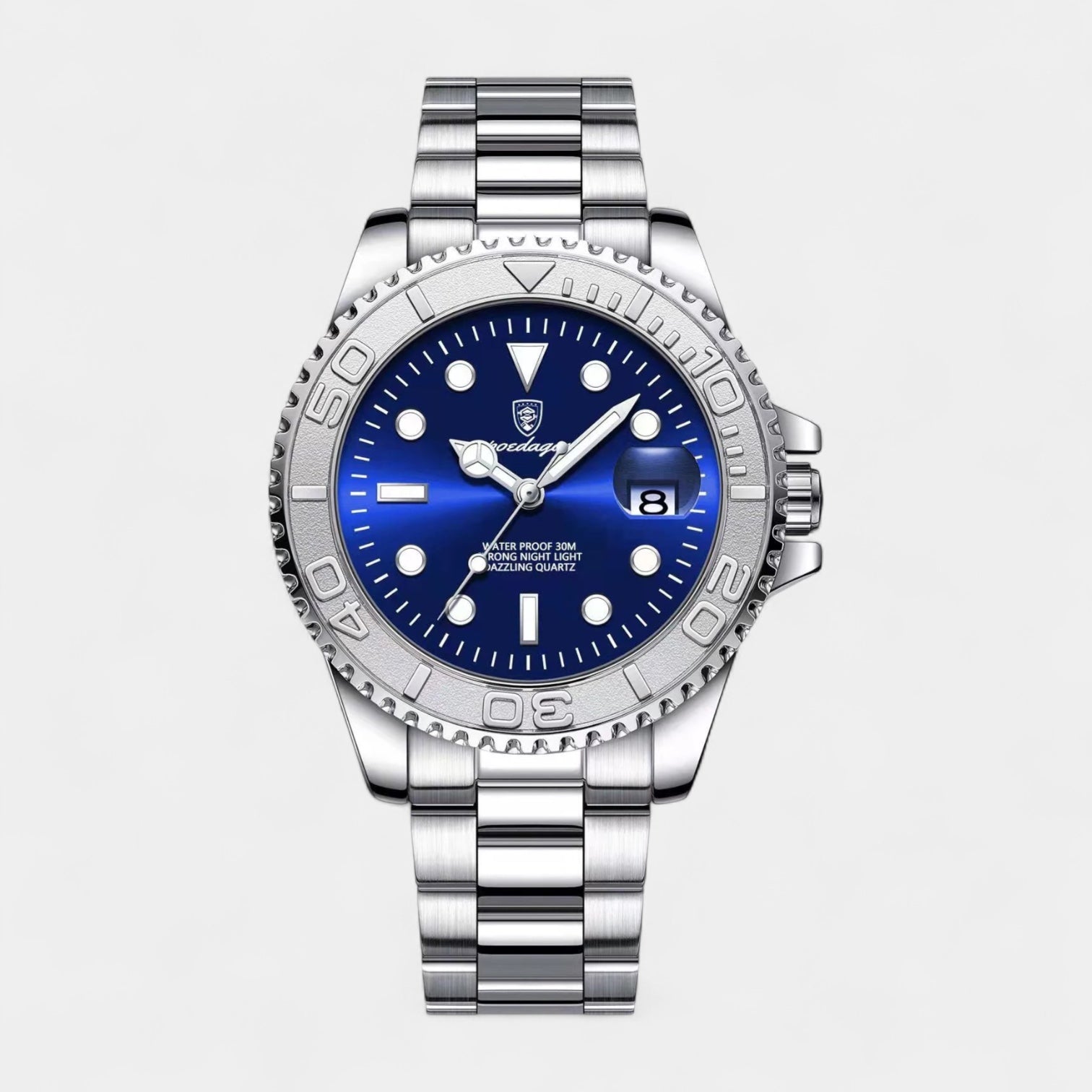 Men’s Stainless Steel Diver Quartz Watch with Unidirectional Rotating Bezel & Date Magnifier