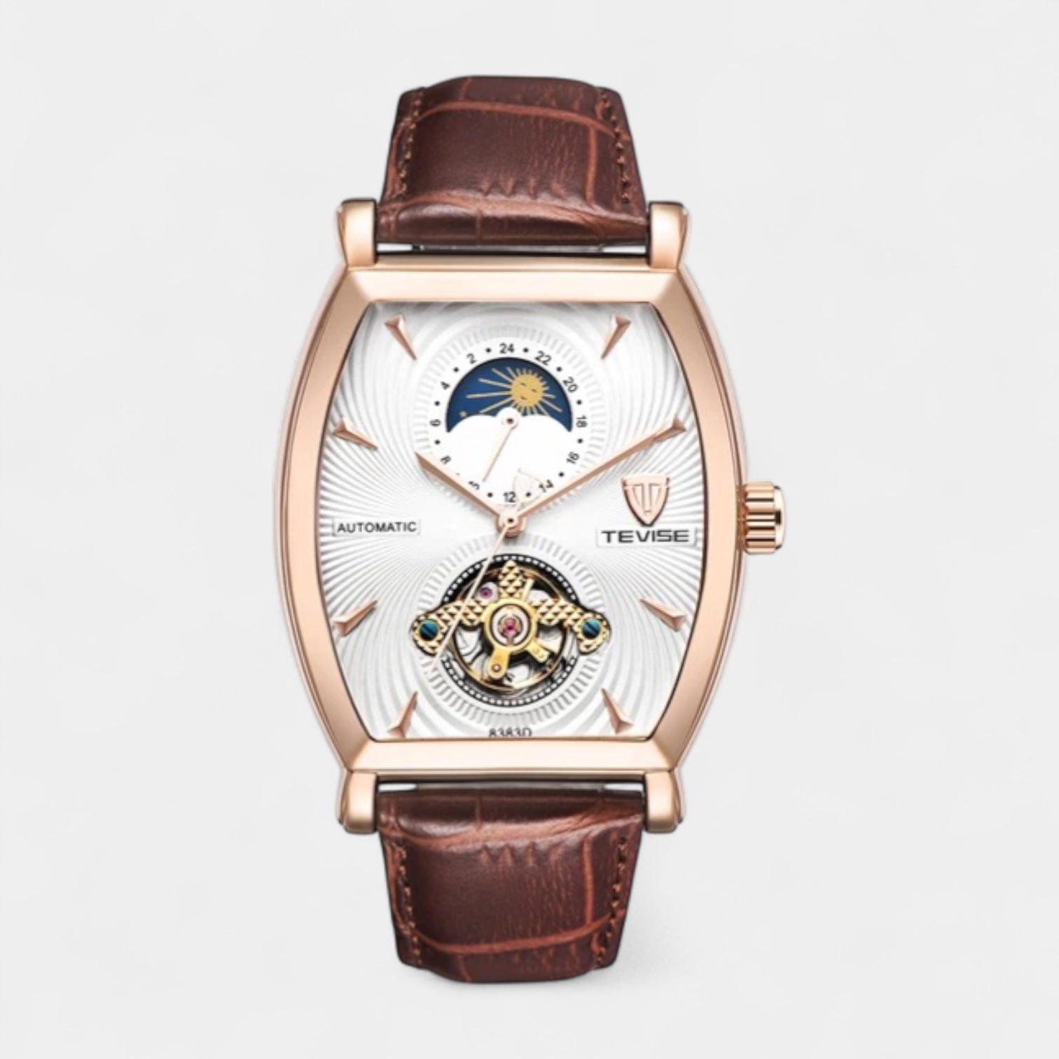 43 mm Tonneau Moonphase Automatic Mechanical Watch - Leather Strap