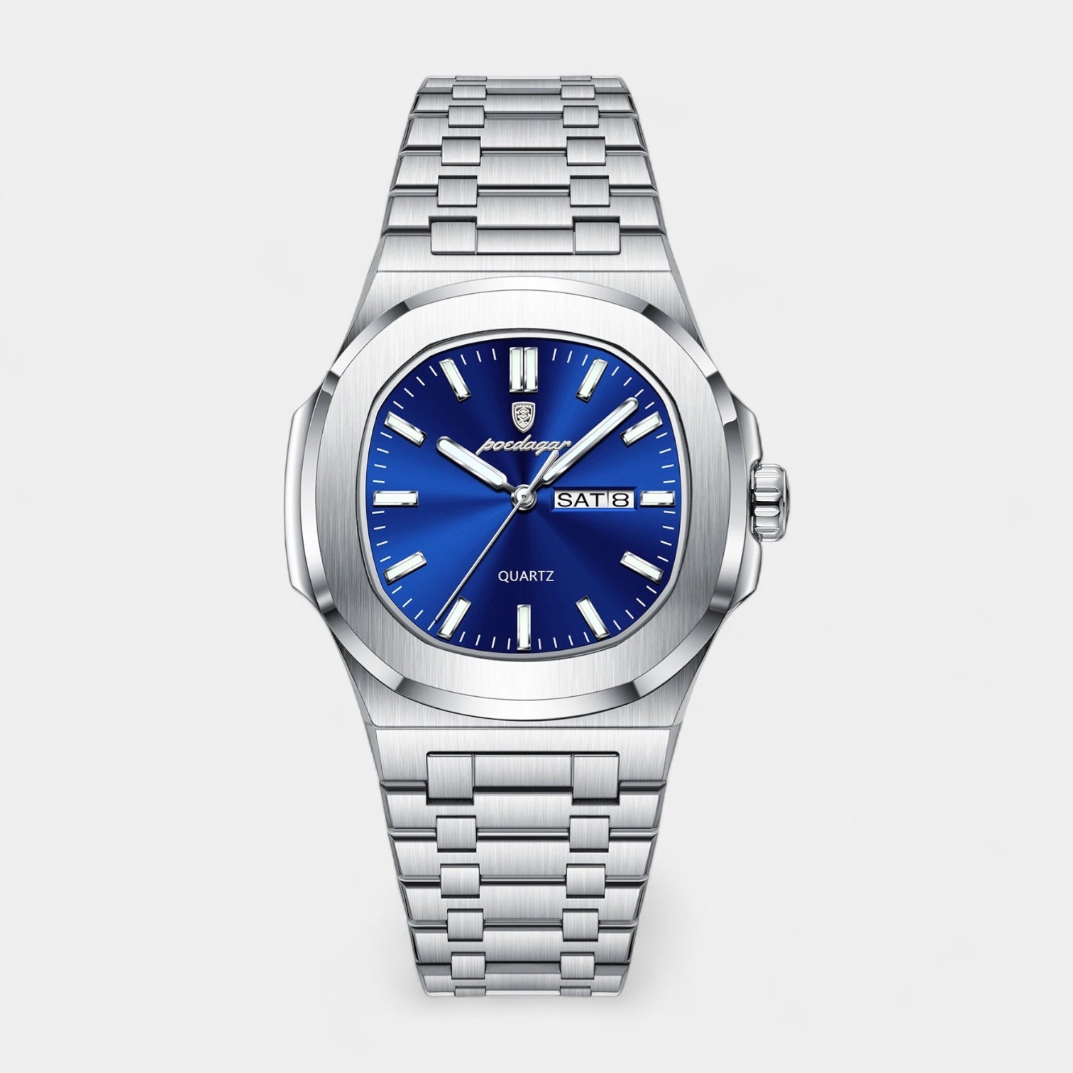 Men’s Stainless Steel Integrated Bracelet Quartz Watch with Day‑Date Display