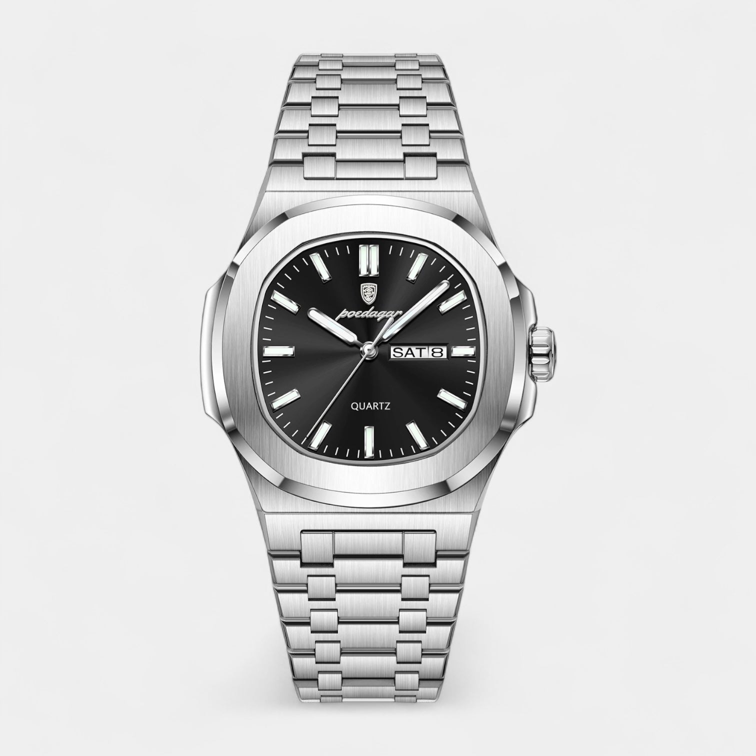 Men’s Stainless Steel Integrated Bracelet Quartz Watch with Day‑Date Display