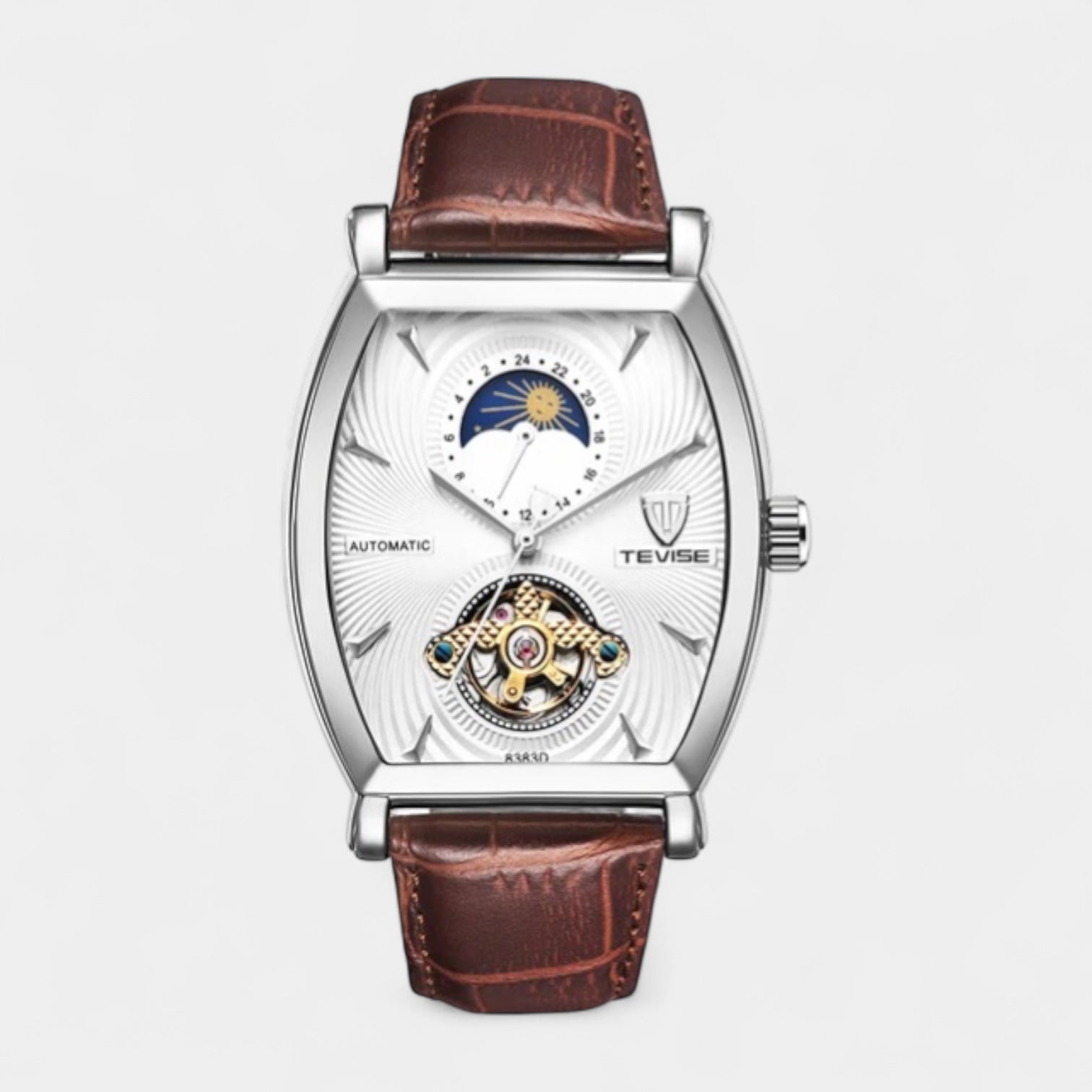43 mm Tonneau Moonphase Automatic Mechanical Watch - Leather Strap