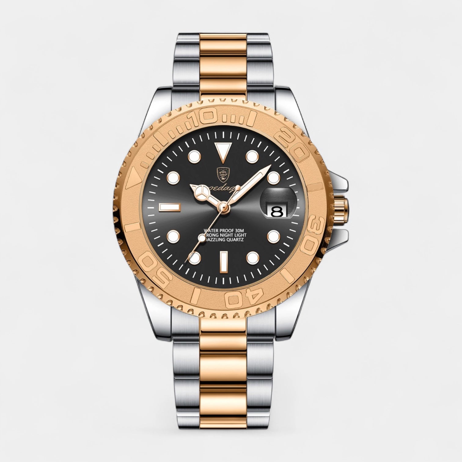 Men’s Stainless Steel Diver Quartz Watch with Unidirectional Rotating Bezel & Date Magnifier