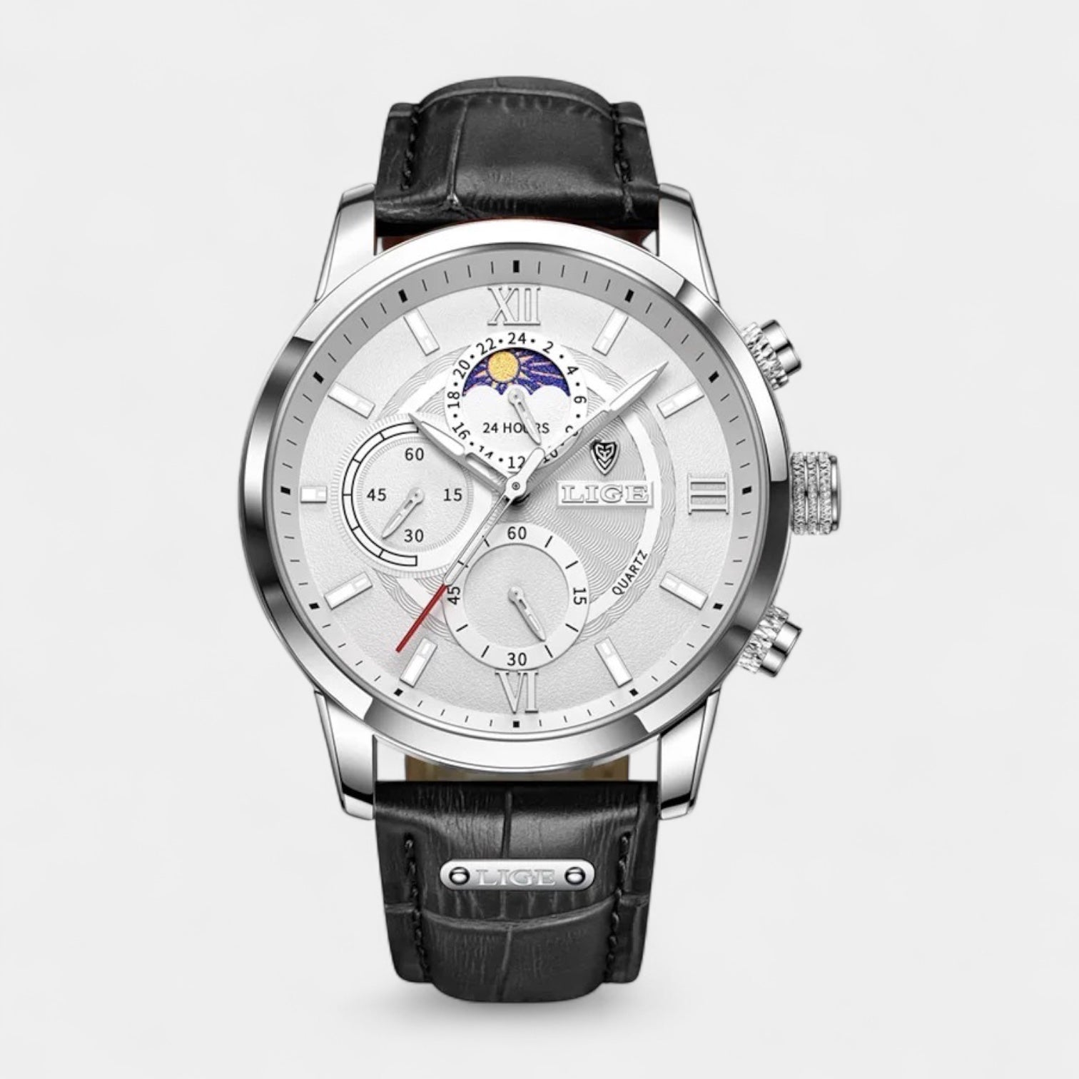 Moonphase Chronograph Watch Stainless Steel Leather Band