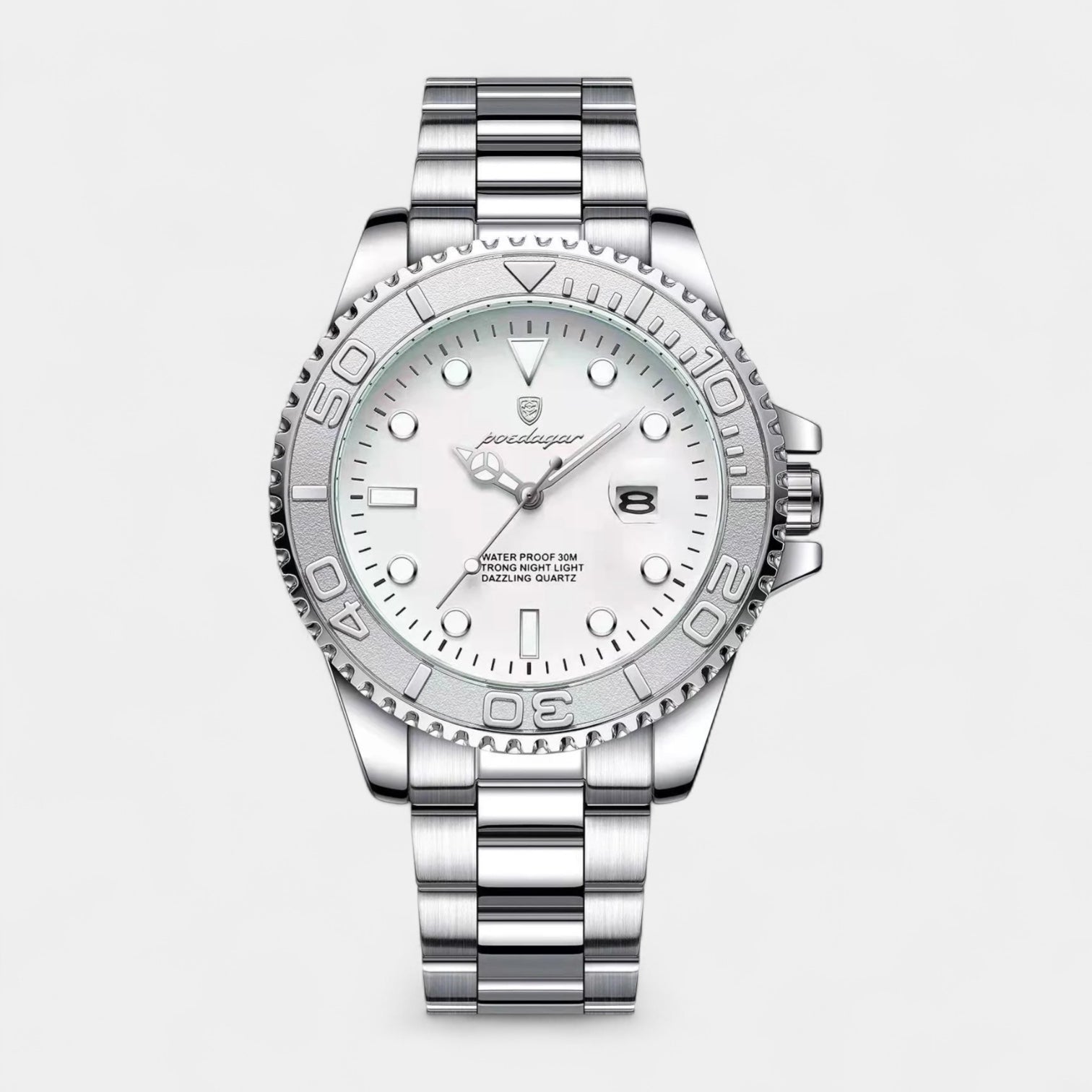 Men’s Stainless Steel Diver Quartz Watch with Unidirectional Rotating Bezel & Date Magnifier