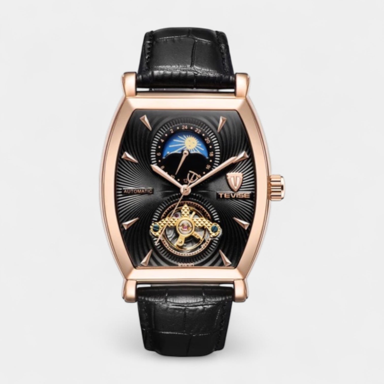 43 mm Tonneau Moonphase Automatic Mechanical Watch - Leather Strap
