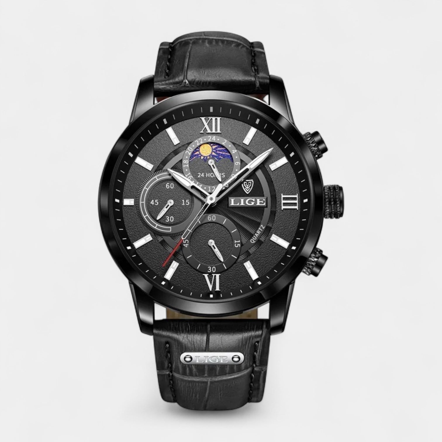 Moonphase Chronograph Watch Stainless Steel Leather Band