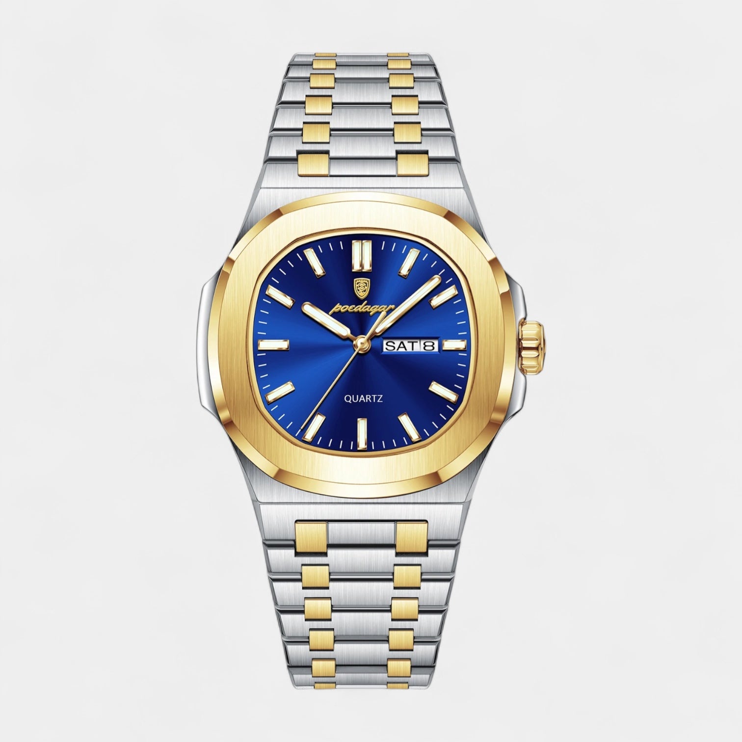 Men’s Stainless Steel Integrated Bracelet Quartz Watch with Day‑Date Display