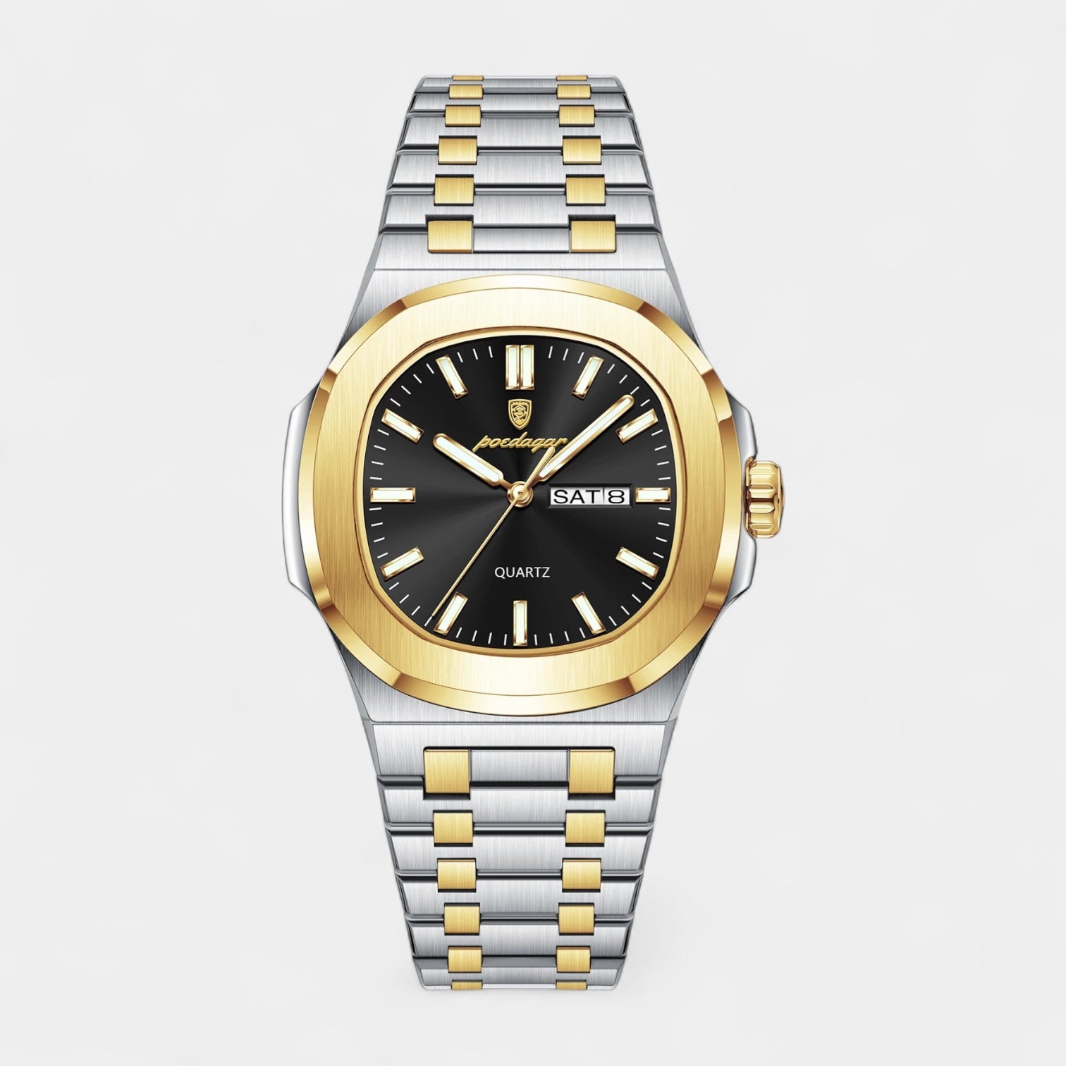 Men’s Stainless Steel Integrated Bracelet Quartz Watch with Day‑Date Display