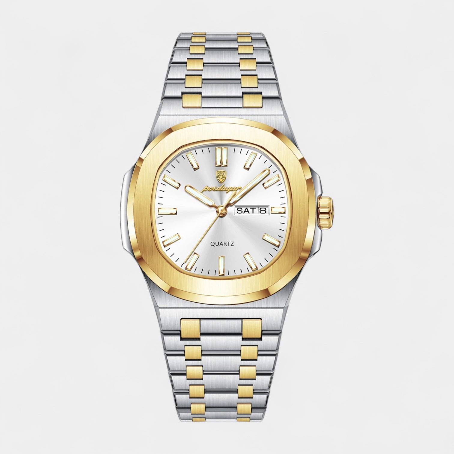 Men’s Stainless Steel Integrated Bracelet Quartz Watch with Day‑Date Display