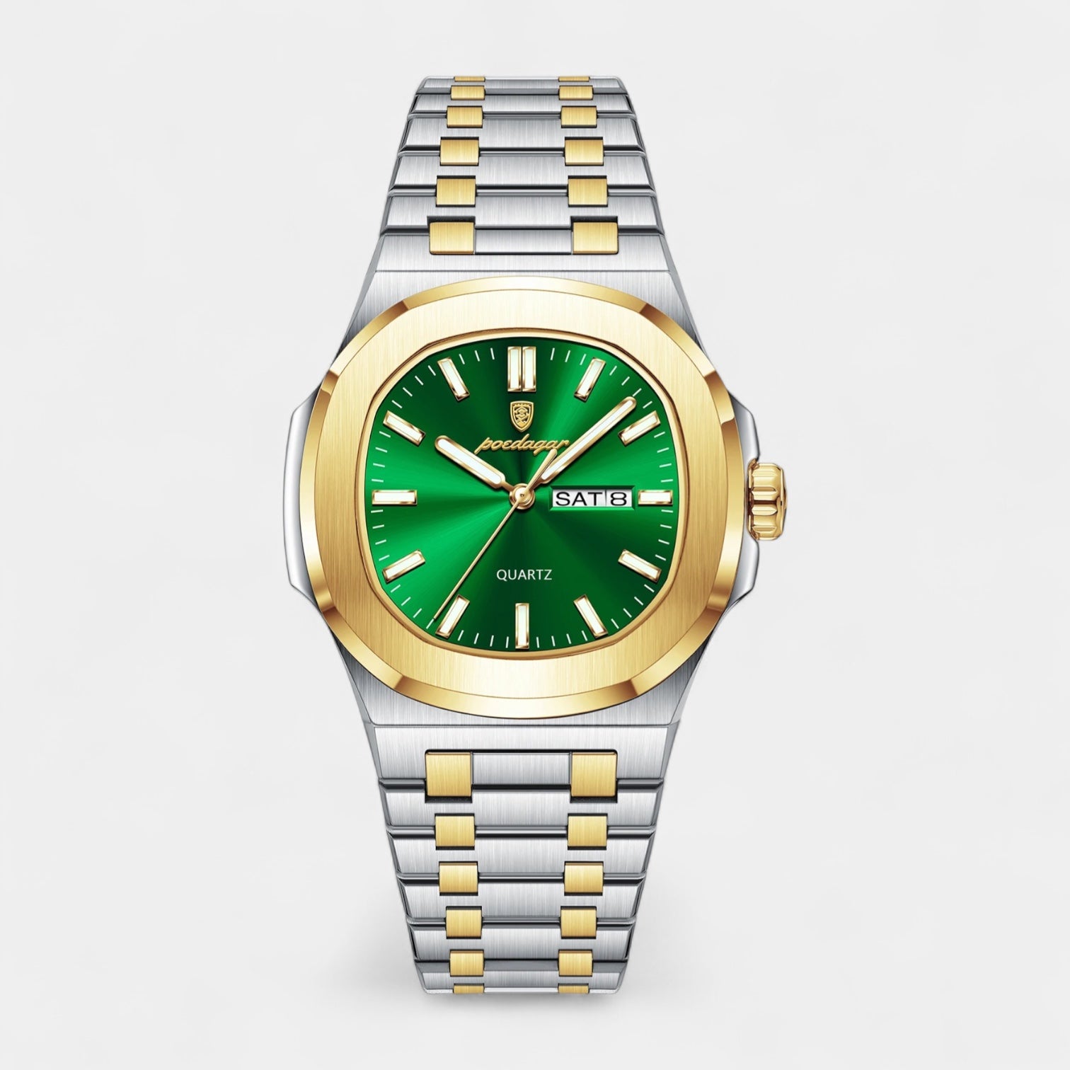 Men’s Stainless Steel Integrated Bracelet Quartz Watch with Day‑Date Display